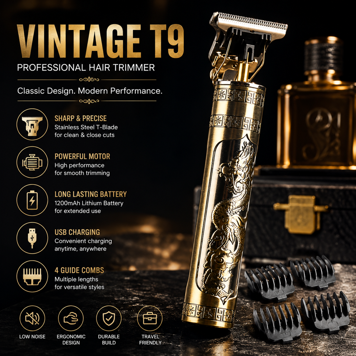 Vintage T9 Metal Body Trimmer | USB Rechargeable Hair & Beard Clipper