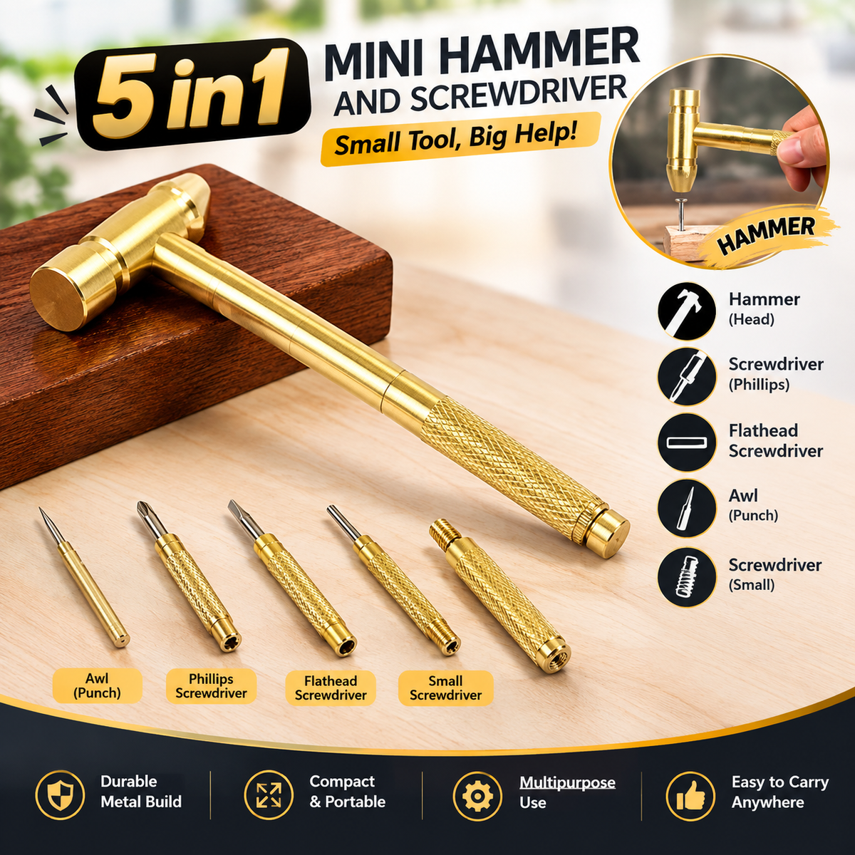 5-in-1 Mini Hammer & Screwdriver Set | Compact Hand Tools