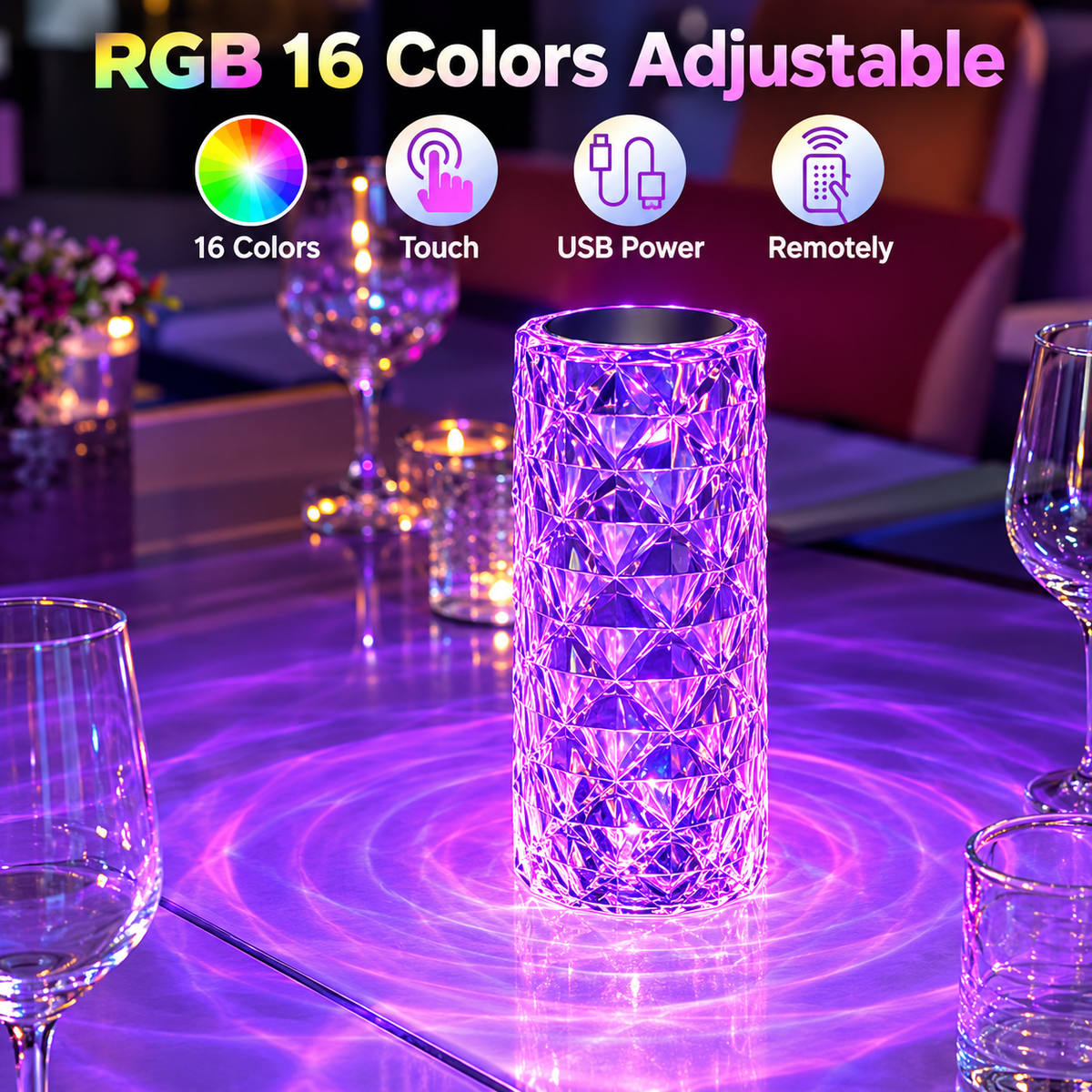 Rechargeable Rose Diamond Table Lamp | 16 RGB Colours