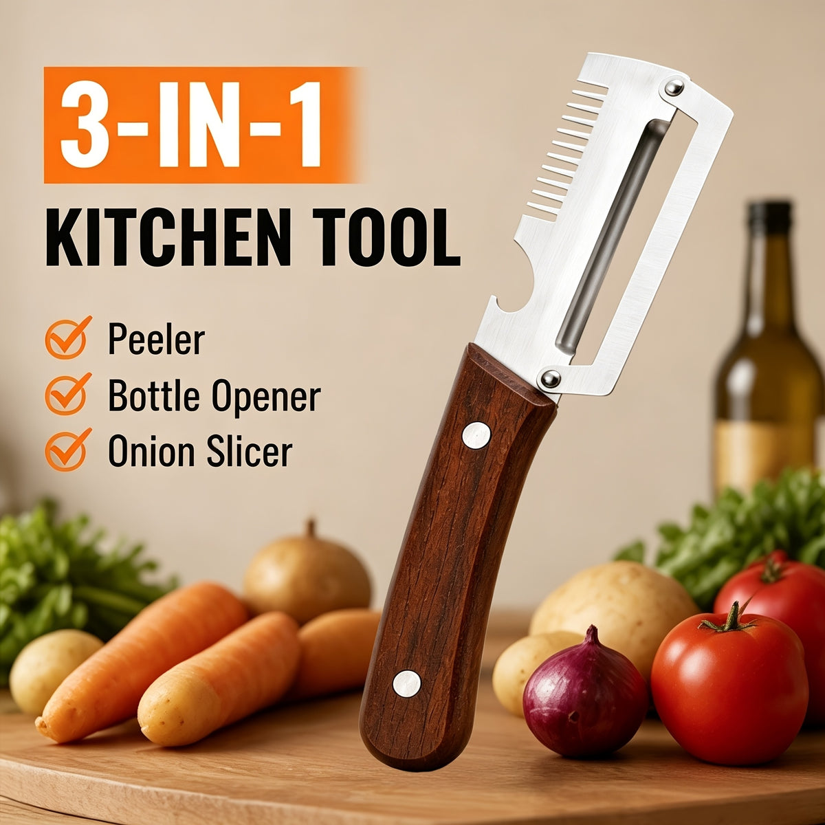 3-in-1 Stainless Steel Peeler | Wooden Handle Kitchen Tool