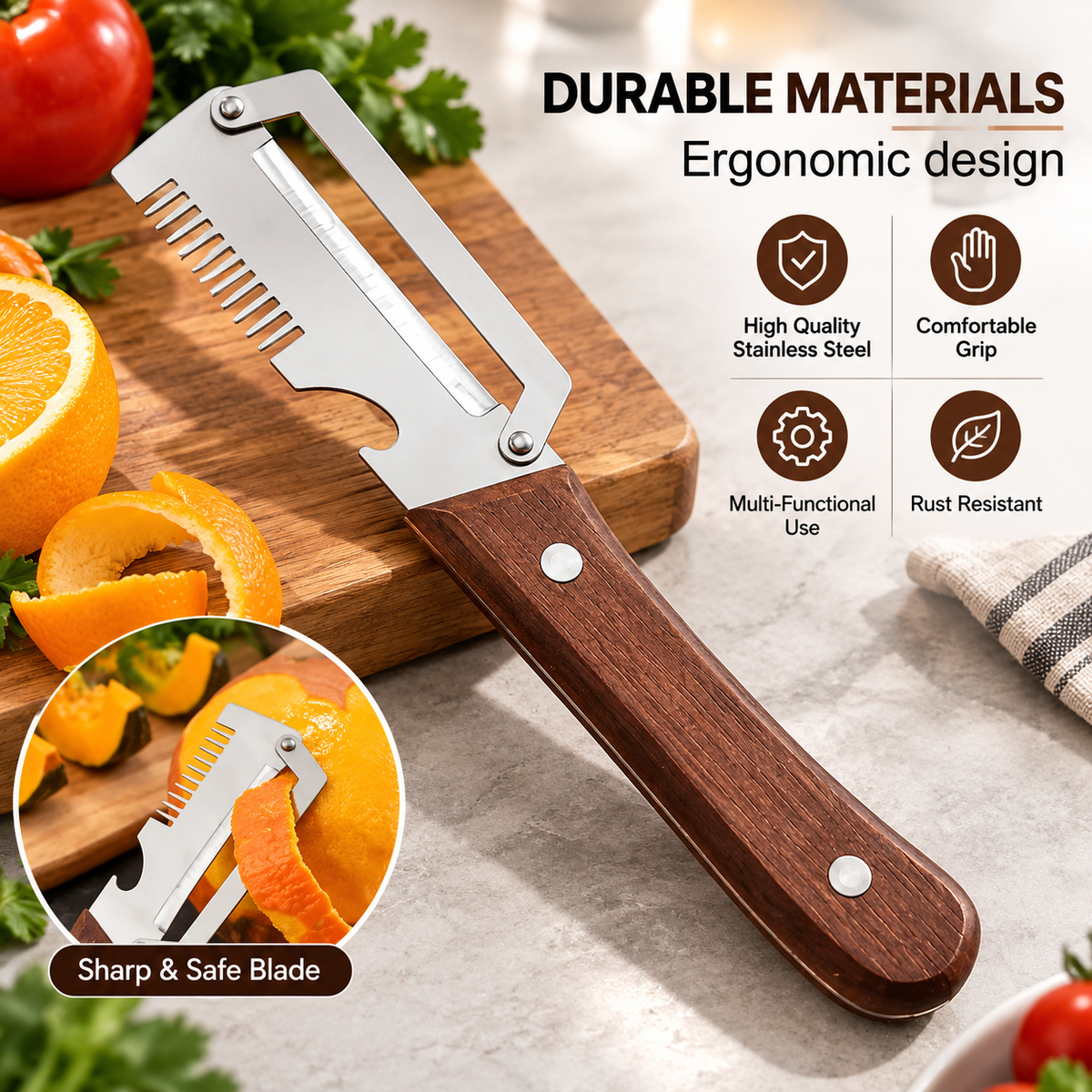 3-in-1 Stainless Steel Peeler | Wooden Handle Kitchen Tool