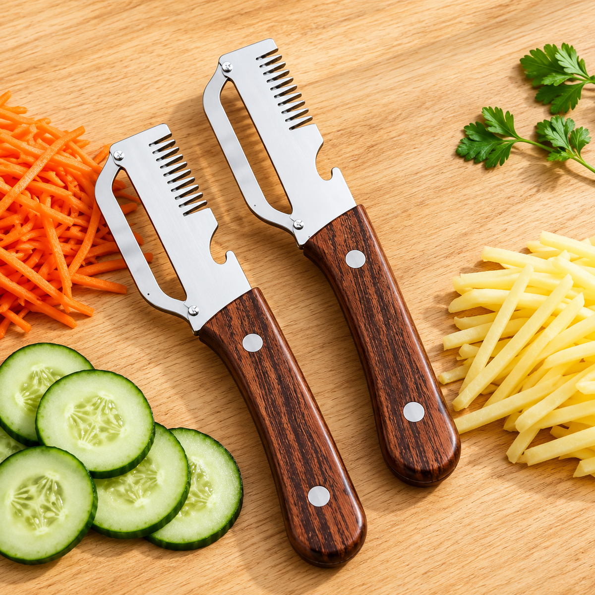 3-in-1 Stainless Steel Peeler | Wooden Handle Kitchen Tool