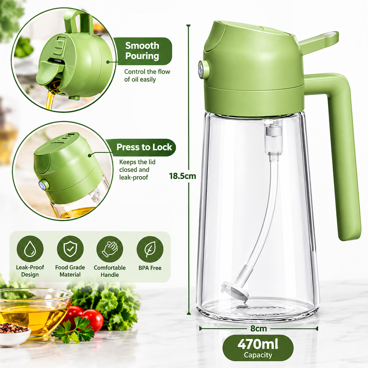 2-in-1 Oil Spray Bottle | 470ml Glass Dispenser