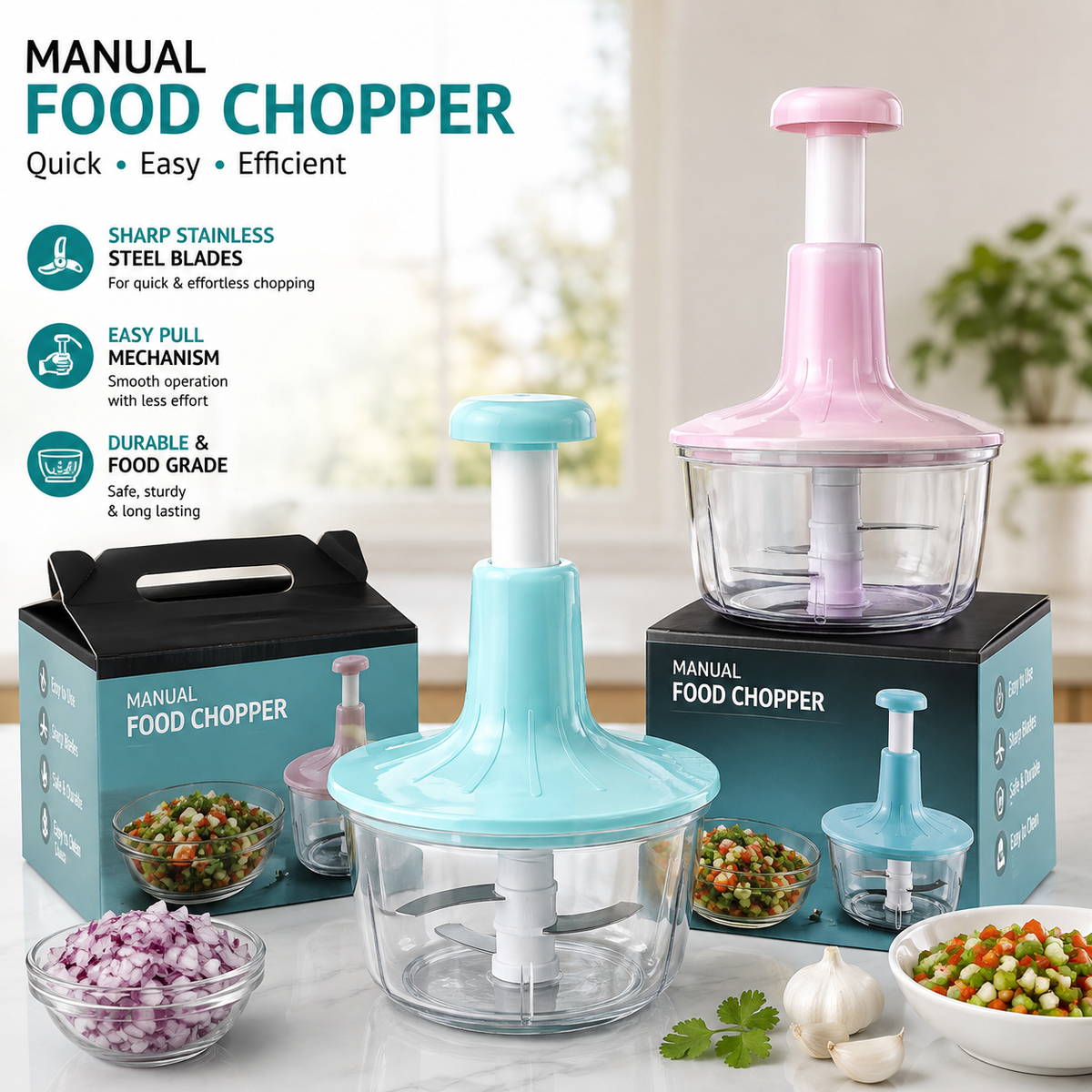 Manual Hand Press Food Chopper for Kitchen | 1.5L Push Chopper