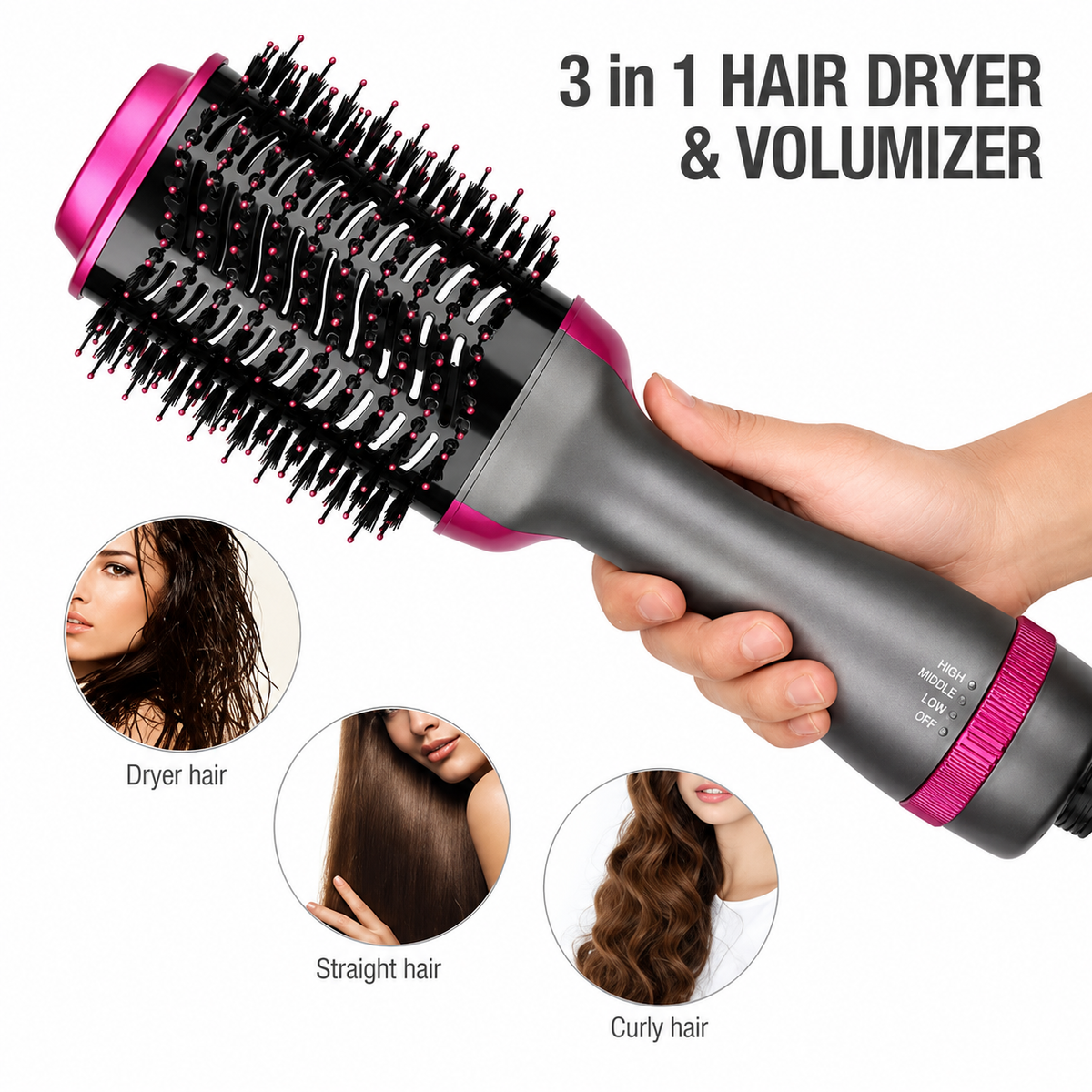 3-in-1 Hot Air Hair Brush | Dryer, Straightener & Curler