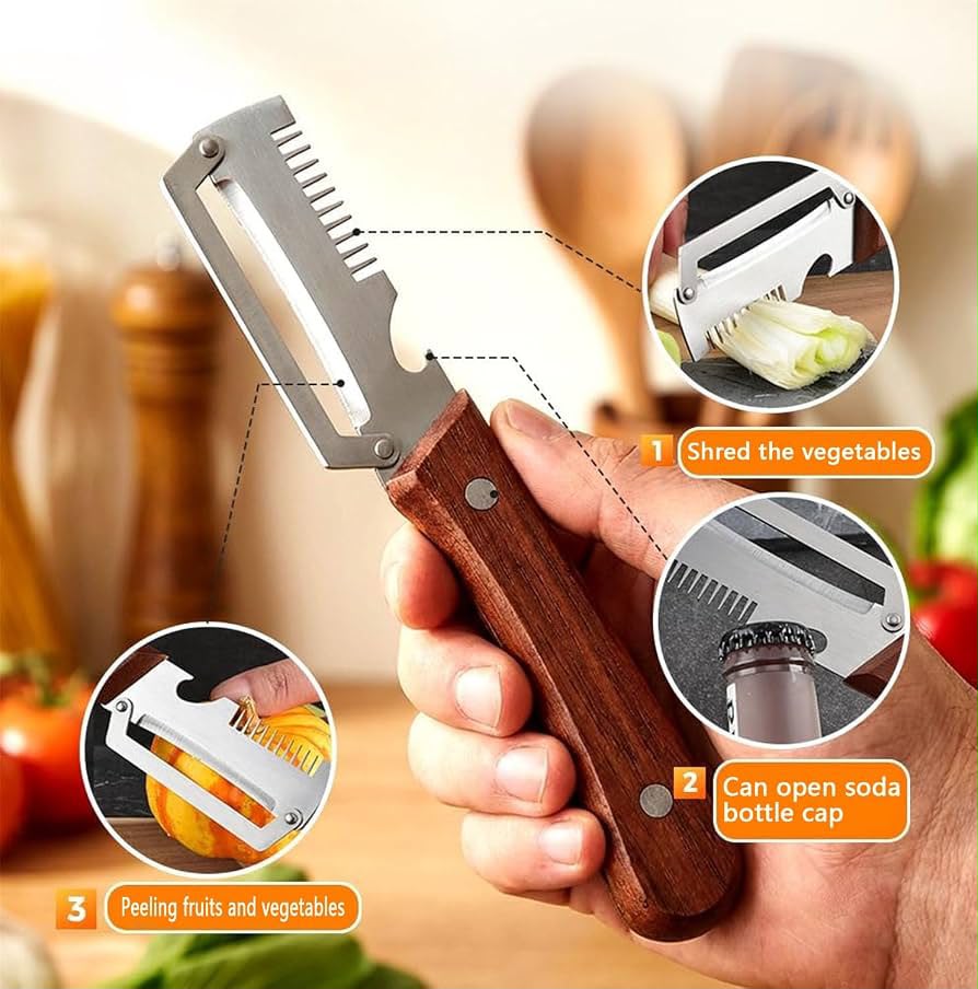 3-in-1 Stainless Steel Peeler | Wooden Handle Kitchen Tool